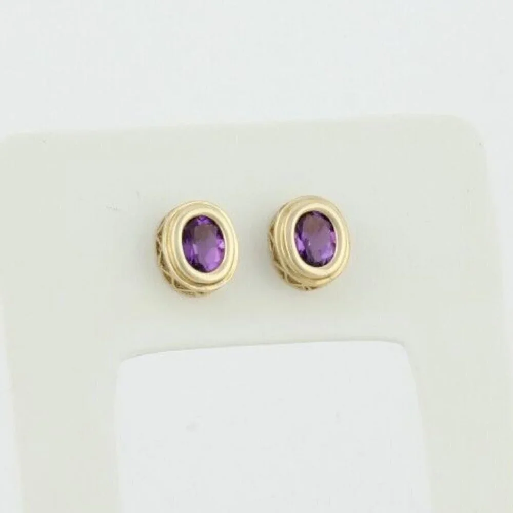 10k Yellow Gold Natural Amethyst Earrings Stud Post - Picture 1 of 8